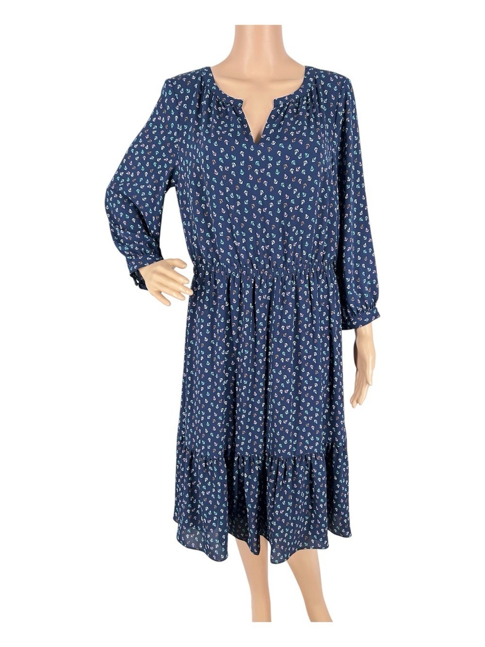 Talbots Blue Multi Color Anchor Print Fit and Flare Midi Dress Size 10